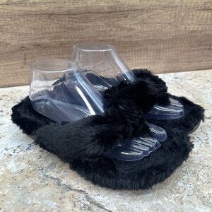 Vionic Gracie Slippers Womens Size 8 Black Plush Faux Fur Slides Thong